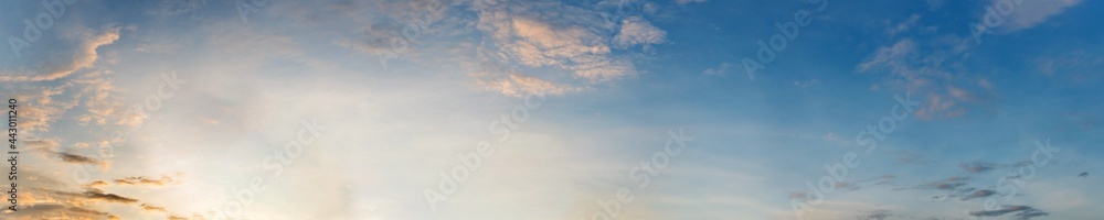 Panorama of Dramatic vibrant color with beautiful cloud of sunrise and sunset. Panoramic image...