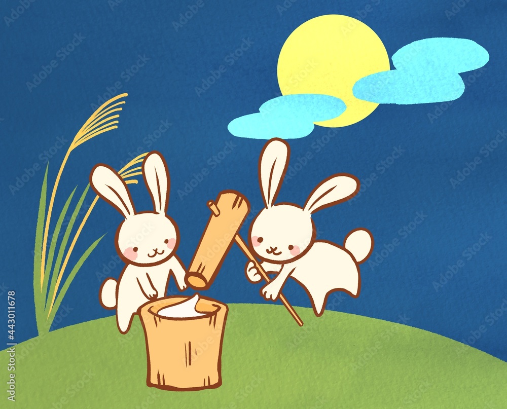 Fototapeta premium うさぎの餅つきと満月のイラスト