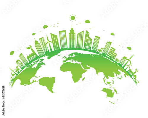 Ecology concept with green city on earth. World environment and sustainable development. Vector illustration in flat design. isolated on white background. Clean and natural energy.