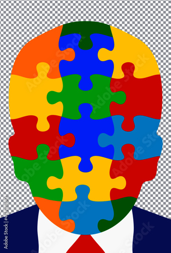 Autism Awareness Day. Boy in suit with puzzle head concept vector