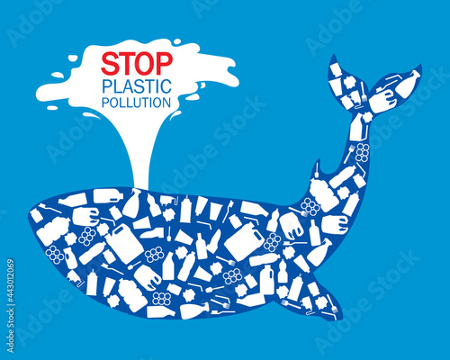 whale composed of white plastic waste bag, bottle. stop plastic pollution poster. vector illustration in flat style modern design. isolated on blue background.