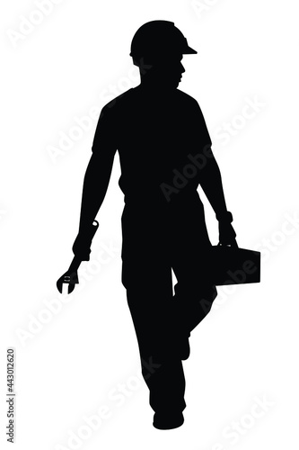 Worker with tools box silhouette vector on white background