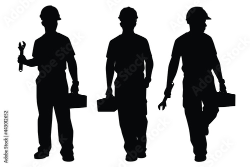 Fototapeta Set of worker with tools box silhouette vector on white background
