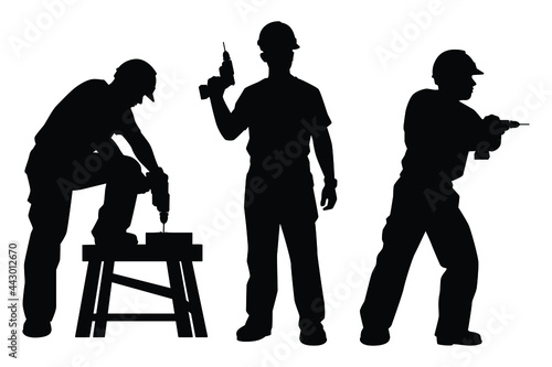 Set of worker with driller silhouette vector on white background