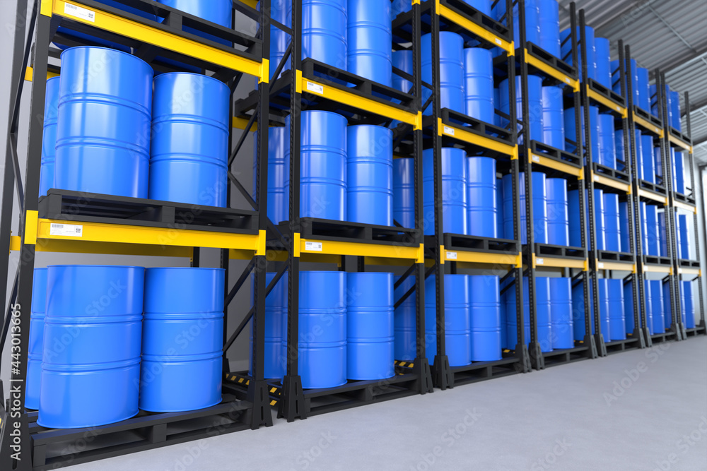 Blue barrels in the warehouse, Storage stock, Chemical warehouse. Blue barrels in the warehouse, Storage stock, Chemical warehouse.