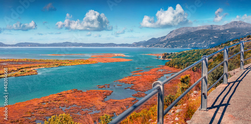 Panoramic spring view of Butrint National Park with Ali Pasha Castle of Butrint. Wonderful morning scene of Albania  Europe. Marvelous Ionian seascape. Beauty of nature concept background.