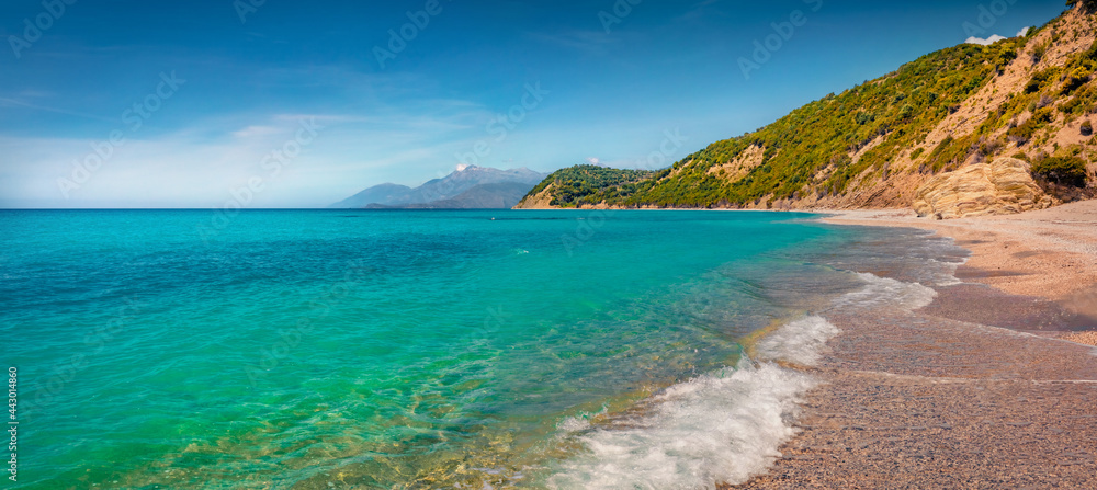 Panoramic morning view of Lukove beach with endless horizon. Adorable spring seascape of Adriatic sea. Attractive outdoor scene of Albania, Europe. Beauty of nature concept background.