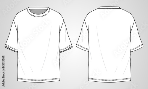 T-shirt technical Sketch fashion Flat Template With Round neckline, elbow sleeves, oversized, tunic length Cotton jersey. Vector illustration basic apparel design. easy editable and customizable.
