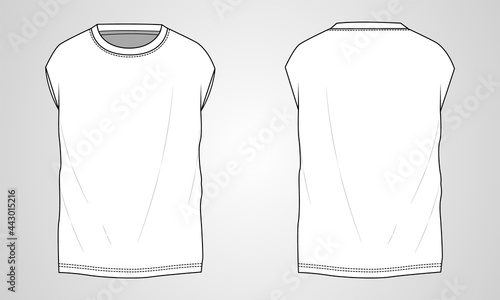 
T-shirt technical Sketch fashion Flat Template With Round neckline, sleeveless oversized, tunic length Cotton jersey.Vector illustration basic apparel drawing. Easy editable and customizable. photo