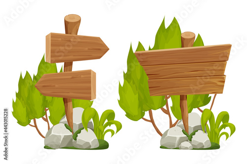 Set wooden pointer, signboards with rock pile, moss and foliage in cartoon style isolated on white background. Ui assets, design elements. Textured old tree branch with plank.