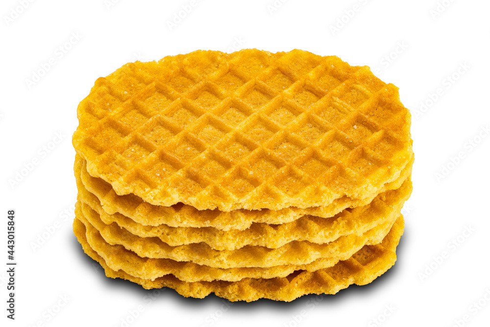 Stack of homemade sweet crispy waffles on white background. Stack of homemade sweet crispy waffles on white background.