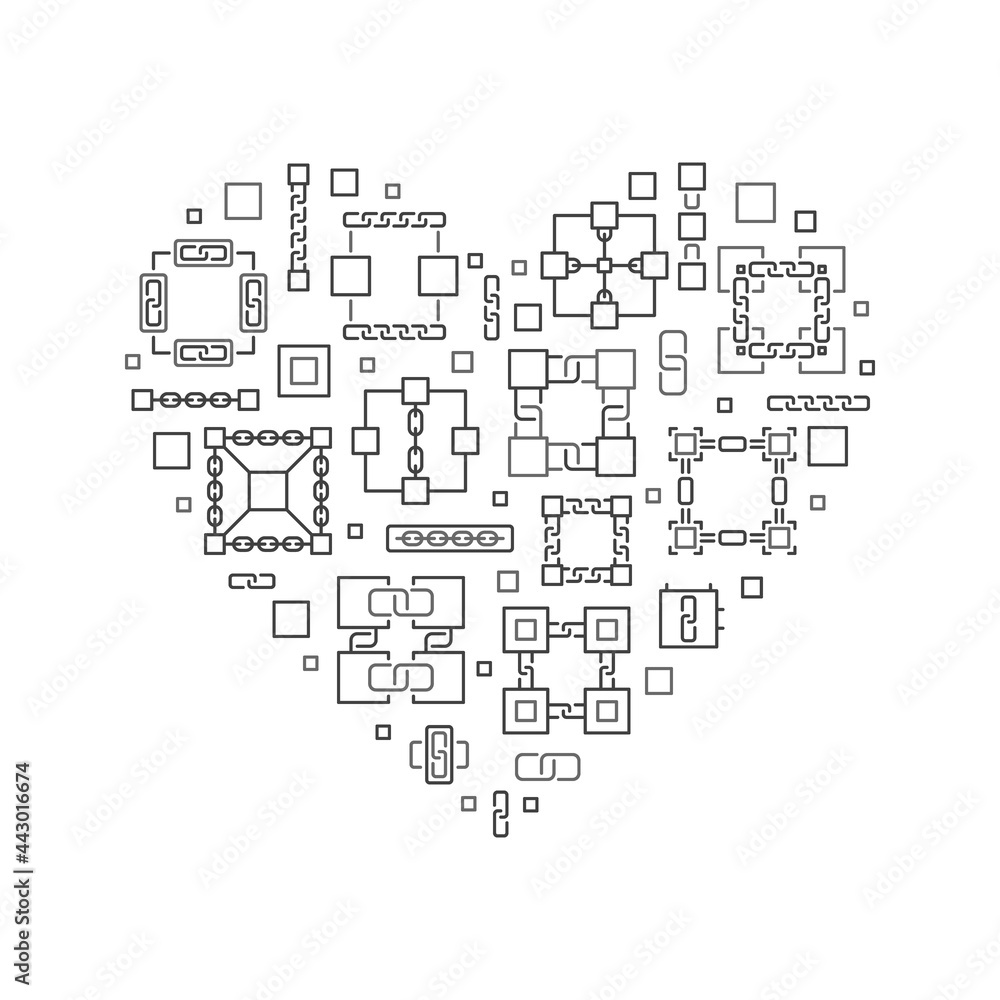Blockchain or Block-Chain line vector heart shape banner