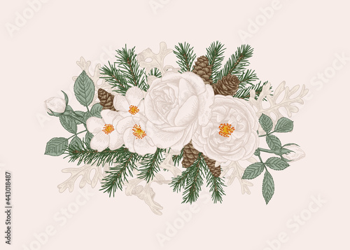 Winter Christmas bouquet with white roses, fir branches and cones, hand-drawn in vector. Pastel pattern on white background.