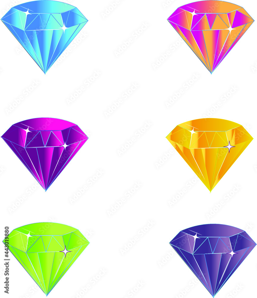 A set of diamons 6 color: blue, red, yellow, pink, green, and purple. Isolated vector sign symbol, Vector icon logo design diamonds. A set of diamons 6 color: blue, red, yellow, pink, green, and purple. Isolated vector sign symbol, Vector icon logo design diamonds.