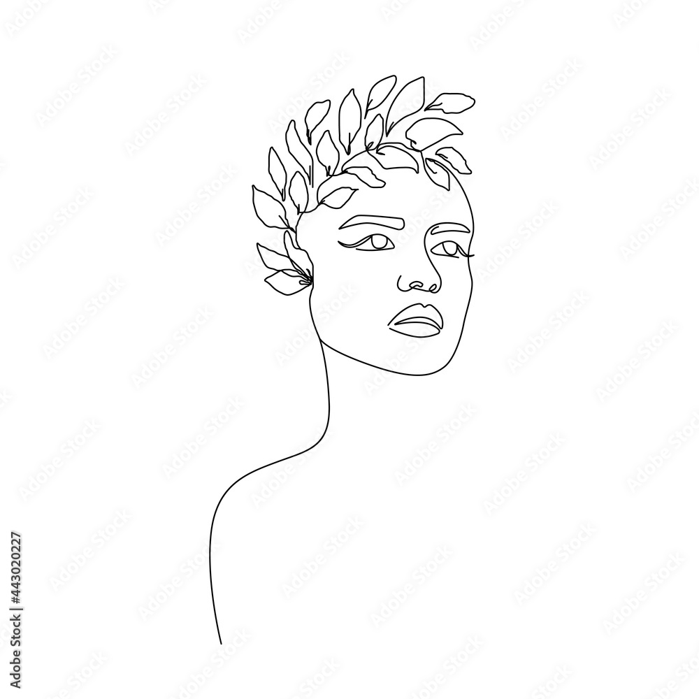 Continuous Line Drawing. Woman Head with Flowers Line Vector Drawing. Style Template with Female Face with Flowers in Modern Minimalist Simple Linear Style. Beauty Fashion Design