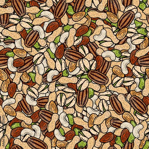 Mixed nuts seamless pattern. Pistachios, cashews, pecans, almonds, peanuts. The keto diet. Vegetarian food. Vector doodle illustration by hand, sketch. Wallpaper, wrapping paper.