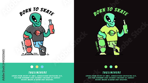 alien lean on skateboard and holding beer bottle. illustration for t shirt, poster, logo, sticker, or apparel merchandise.