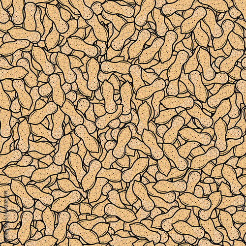 Peanuts nuts seamless pattern. The keto diet. Vegetarian food. Healthy fats. Vector doodle illustration by hand, sketch. Wallpaper, wrapping paper.