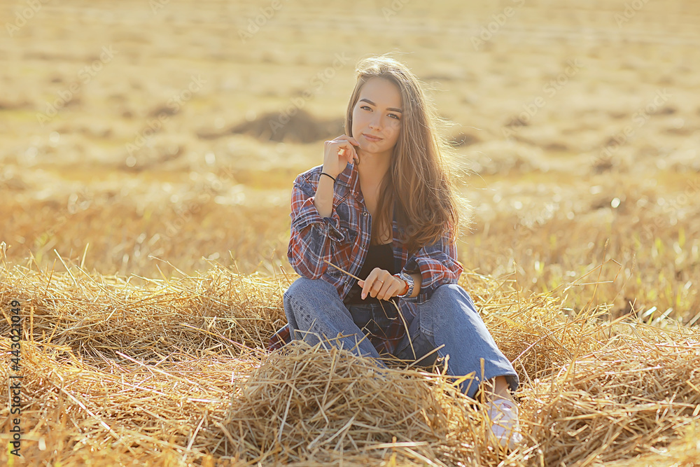 model girl country shirt to the cage field straw, young summer landscape freedom lifestyle model girl country shirt to the cage field straw, young summer landscape freedom lifestyle
