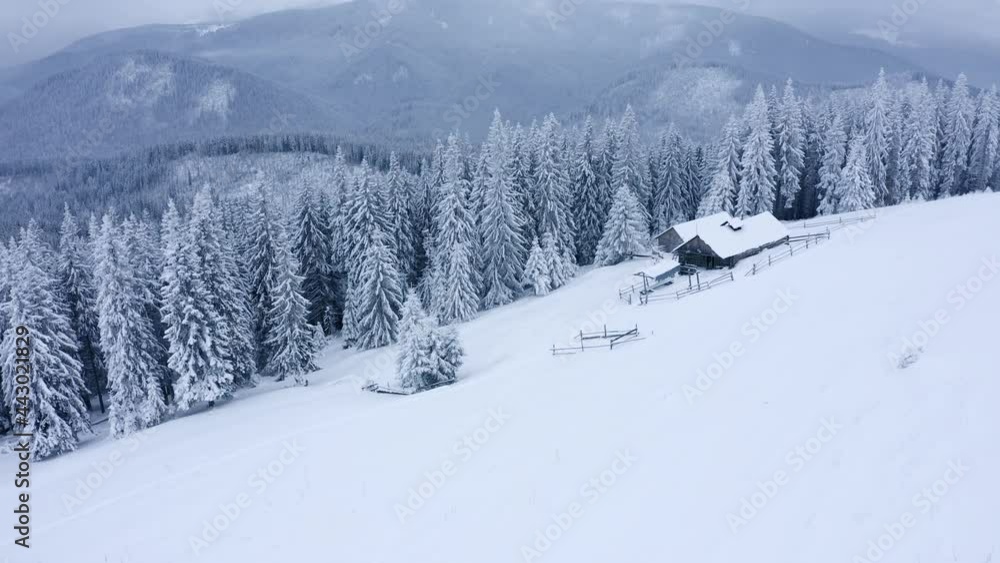 4k drone forward video (Ultra High Definition). Calm winter view of abandoned village in Carpathian mountains. Wonderful evening scene of mountain forest.. 4k drone forward video (Ultra High Definition). Calm winter view of abandoned village in Carpathian mountains. Wonderful evening scene of mountain forest..