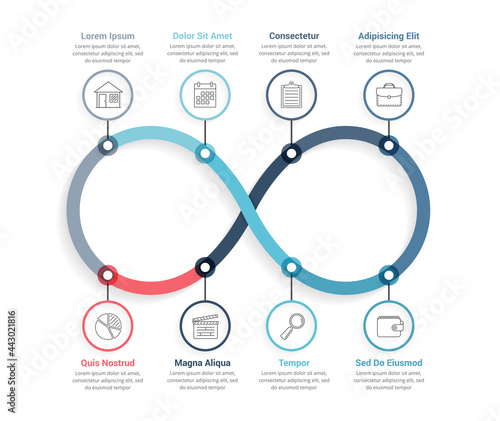 Process diagram with eight steps, infinity shape, workflow, steps, options