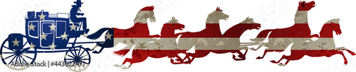 Vintage Western Stagecoach. Old Wild West horse-drawn Carriage with the coach and USA flag