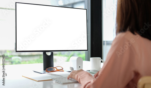 Rear view of businesswoman working with computer in modern office. photo