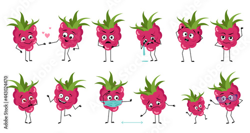 Set of cute raspberry characters with emotions, face, arms and legs. Smile or sad sweet berries with eyes, heroes fall in love, keep their distance, dance or cry