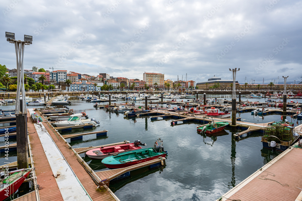 Panoramic view of the Ferrol port. Boats moored.