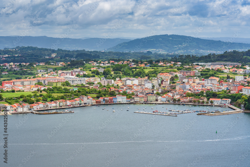 High angle view of Mugardos fishing village in the Ferrol estuary, Galicia, Spain