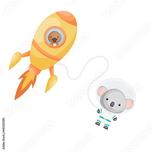 Cute little platypus flying in yellow rocket. Cartoon koala character in space costume with rocket on white background. Design for baby shower, invitation card, wall decor. Vector illustration
