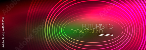 Dark abstract background with glowing neon circles. Trendy layout template for business or technology presentation, internet poster or web brochure cover, wallpaper