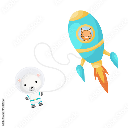 Cute little lynx flying in aqua rocket. Cartoon polar bear character in space costume with rocket on white background. Design for baby shower, invitation card, wall decor. Vector illustration