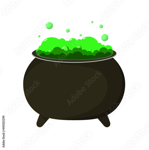 A cauldron with a green potion on a white background.