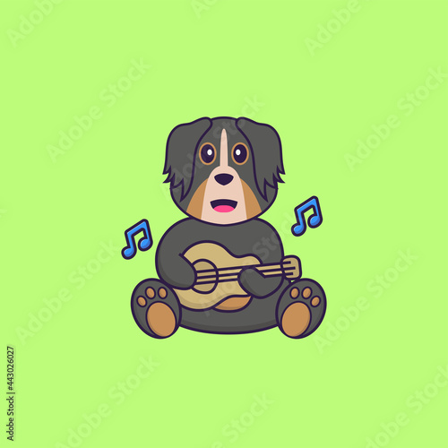 Cute dog playing guitar. Animal cartoon concept isolated. Can used for t-shirt, greeting card, invitation card or mascot. Flat Cartoon Style