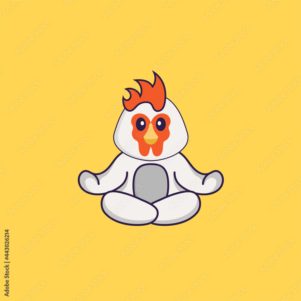 Cute chicken is meditating or doing yoga. Animal cartoon concept isolated. Can used for t-shirt, greeting card, invitation card or mascot. Flat Cartoon Style Cute chicken is meditating or doing yoga. Animal cartoon concept isolated. Can used for t-shirt, greeting card, invitation card or mascot. Flat Cartoon Style