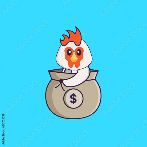 Cute chicken in a money bag. Animal cartoon concept isolated. Can used for t-shirt, greeting card, invitation card or mascot. Flat Cartoon Style