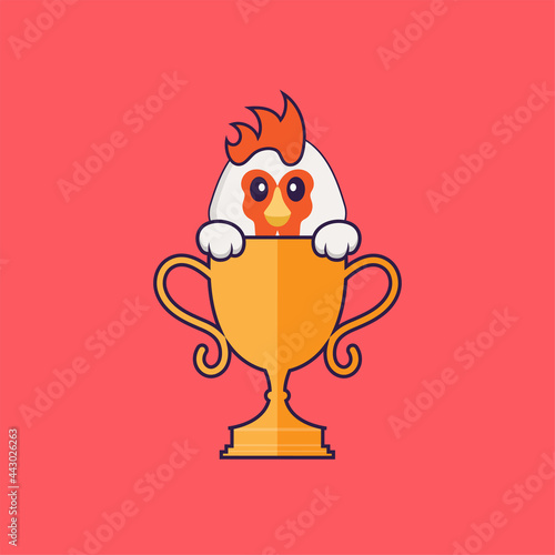 Cute chicken with gold trophy. Animal cartoon concept isolated. Can used for t-shirt, greeting card, invitation card or mascot. Flat Cartoon Style