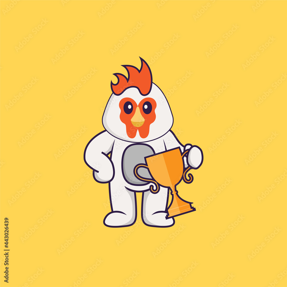 Cute chicken holding gold trophy. Animal cartoon concept isolated. Can used for t-shirt, greeting card, invitation card or mascot. Flat Cartoon Style Cute chicken holding gold trophy. Animal cartoon concept isolated. Can used for t-shirt, greeting card, invitation card or mascot. Flat Cartoon Style