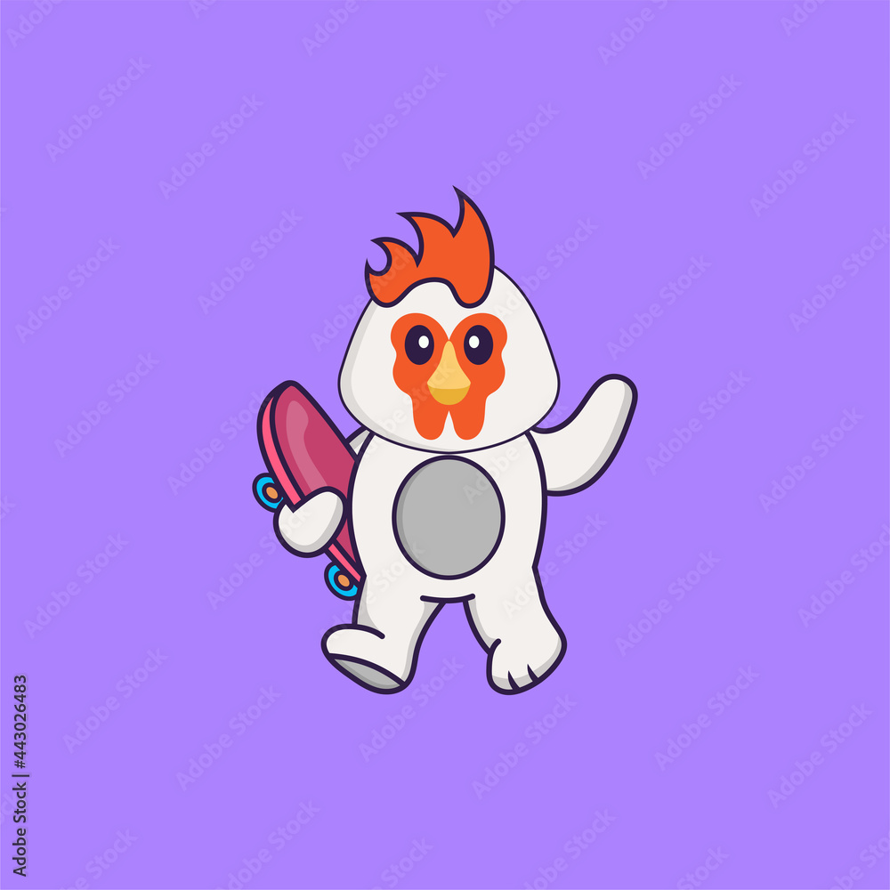 Cute chicken holding a skateboard. Animal cartoon concept isolated. Can used for t-shirt, greeting card, invitation card or mascot. Flat Cartoon Style