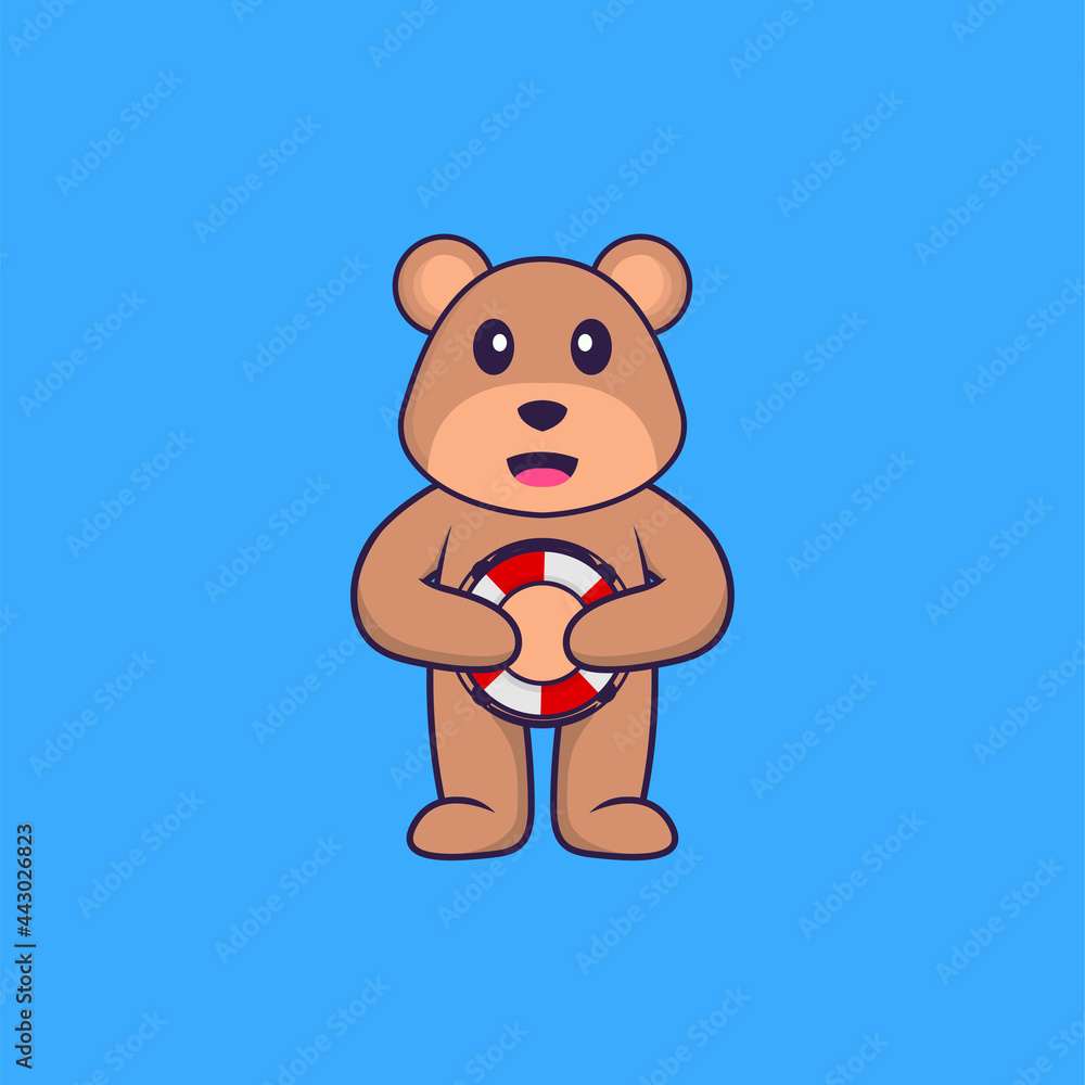 Obraz premium Cute bear holding a buoy. Animal cartoon concept isolated. Can used for t-shirt, greeting card, invitation card or mascot. Flat Cartoon Style