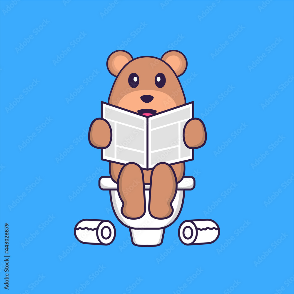 Cute bear Pooping On Toilet and read newspaper. Animal cartoon concept