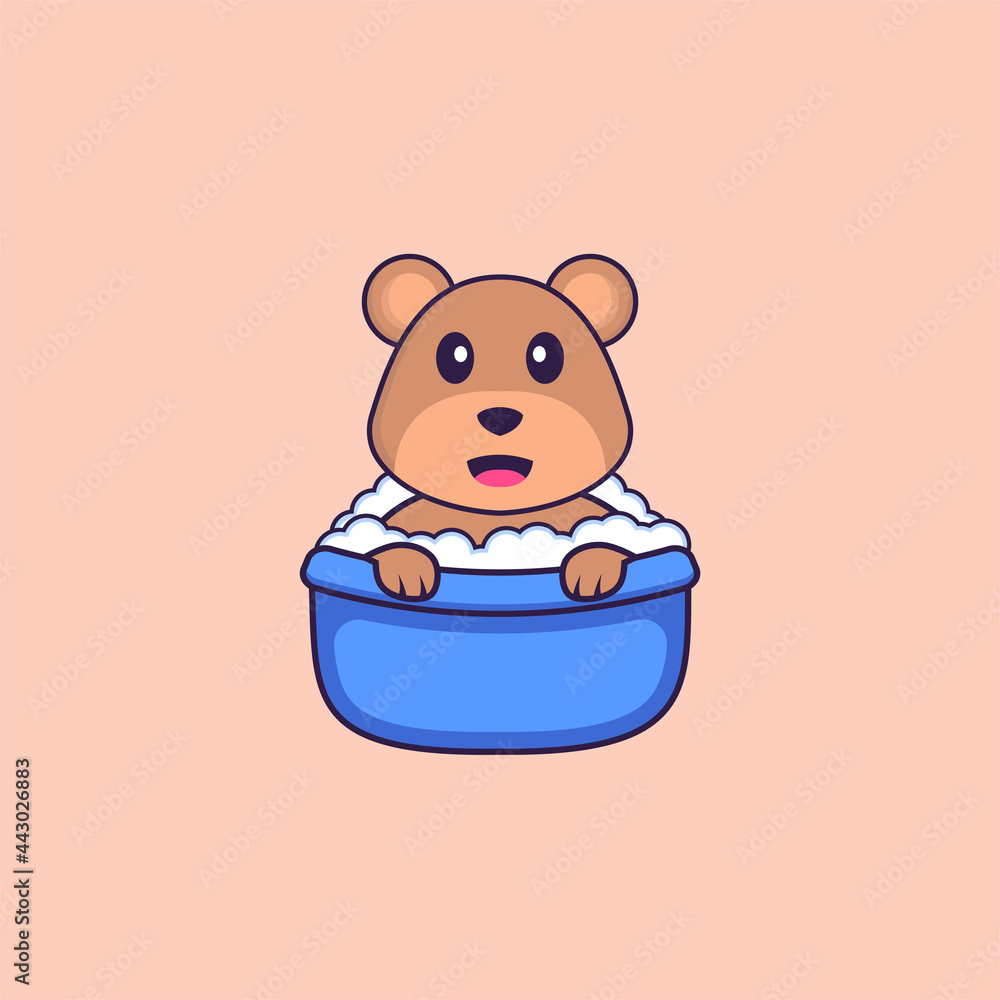 Cute bear taking a bath in the bathtub. Animal cartoon concept isolated. Can used for t-shirt, greeting card, invitation card or mascot. Flat Cartoon Style Cute bear taking a bath in the bathtub. Animal cartoon concept isolated. Can used for t-shirt, greeting card, invitation card or mascot. Flat Cartoon Style