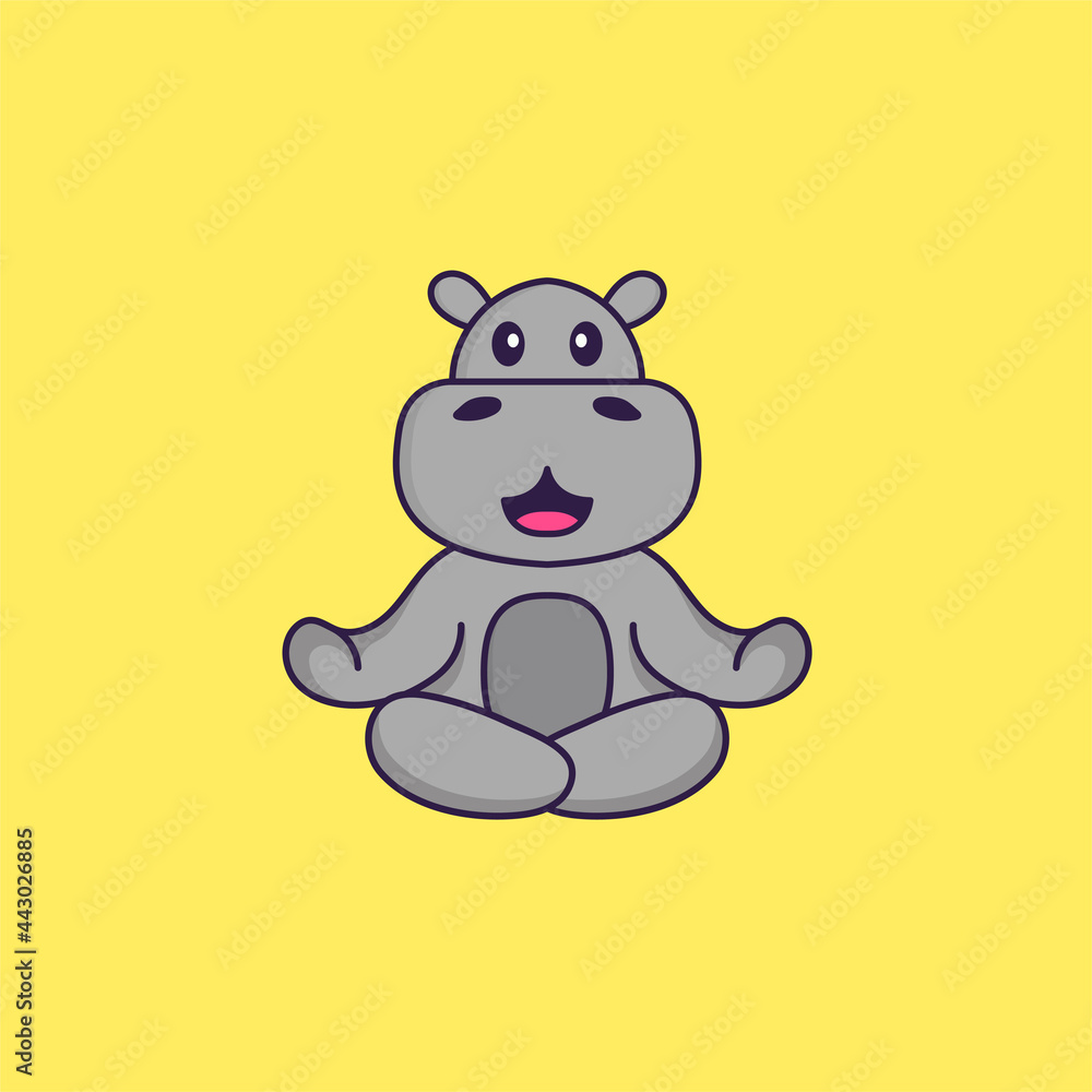 Fototapeta premium Cute hippopotamus is meditating or doing yoga. Animal cartoon concept isolated. Can used for t-shirt, greeting card, invitation card or mascot. Flat Cartoon Style