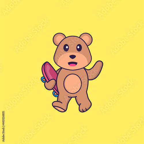 Cute bear holding a skateboard. Animal cartoon concept isolated. Can used for t-shirt  greeting card  invitation card or mascot. Flat Cartoon Style