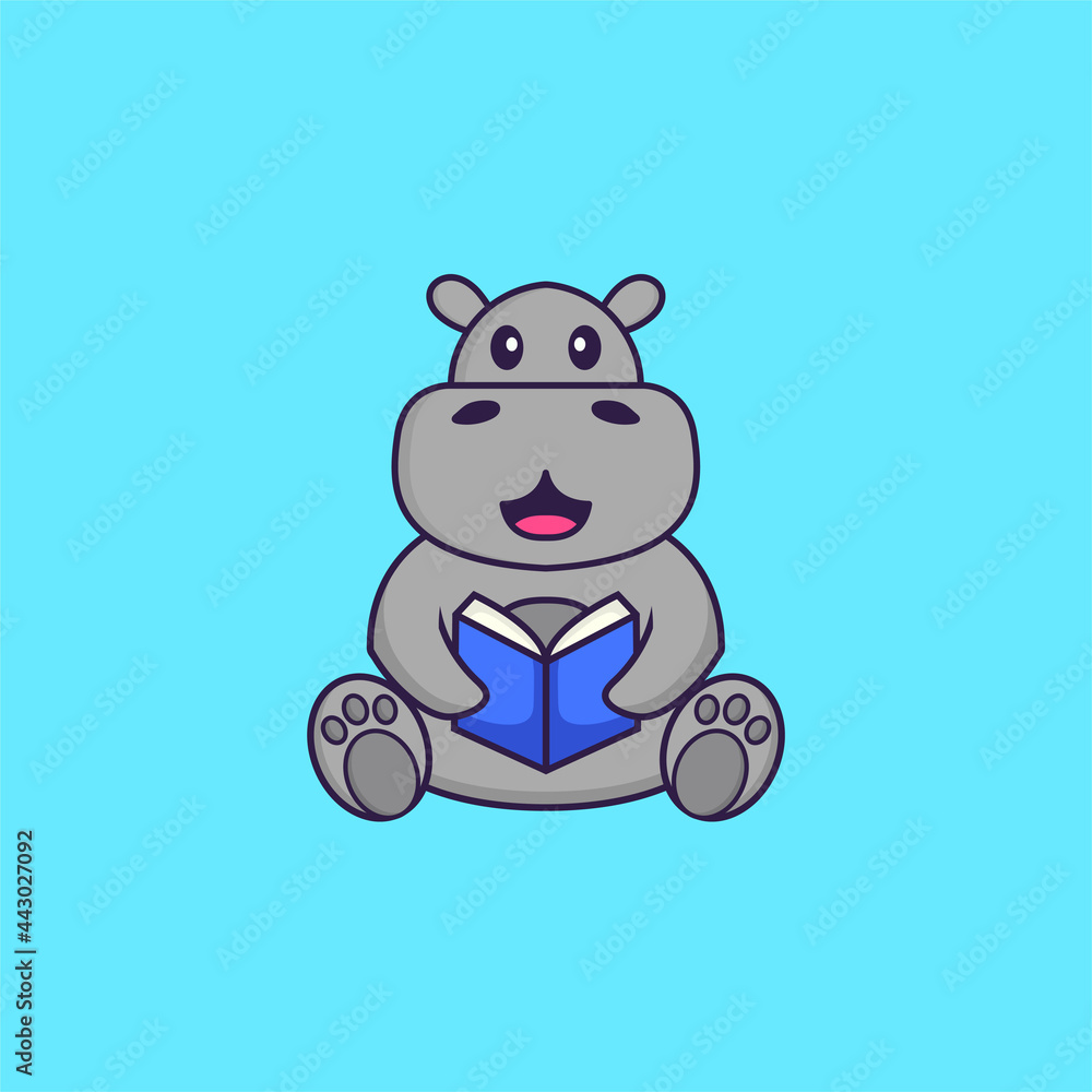 Cute hippopotamus reading a book. Animal cartoon concept isolated. Can used for t-shirt, greeting card, invitation card or mascot. Flat Cartoon Style Cute hippopotamus reading a book. Animal cartoon concept isolated. Can used for t-shirt, greeting card, invitation card or mascot. Flat Cartoon Style