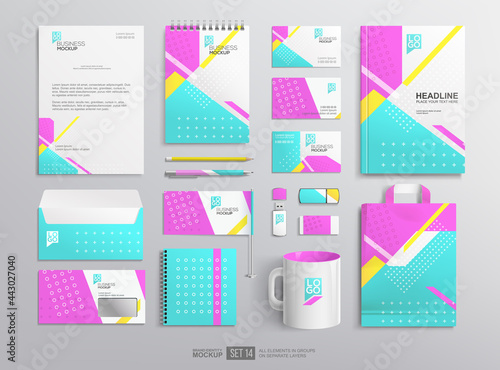 Business stationery corporate brand identity design on mockup set. Blue and pink abstract graphics. Business stationery mockup. Office equipment set of shopping bag, white mug, cover book, envelope