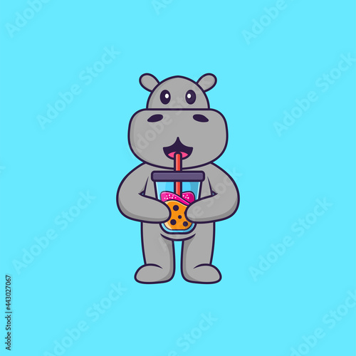 Cute hippopotamus Drinking Boba milk tea. Animal cartoon concept isolated. Can used for t-shirt, greeting card, invitation card or mascot. Flat Cartoon Style