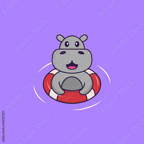 Cute hippopotamus is Swimming with a buoy. Animal cartoon concept isolated. Can used for t-shirt  greeting card  invitation card or mascot. Flat Cartoon Style