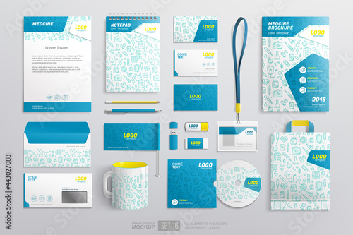 Medical Pharmacy stationery branding white and blue color design. Business medicine branding mockup of brochure, notepad, letterhead, envelope, mug, bag. Medical corporate identity template